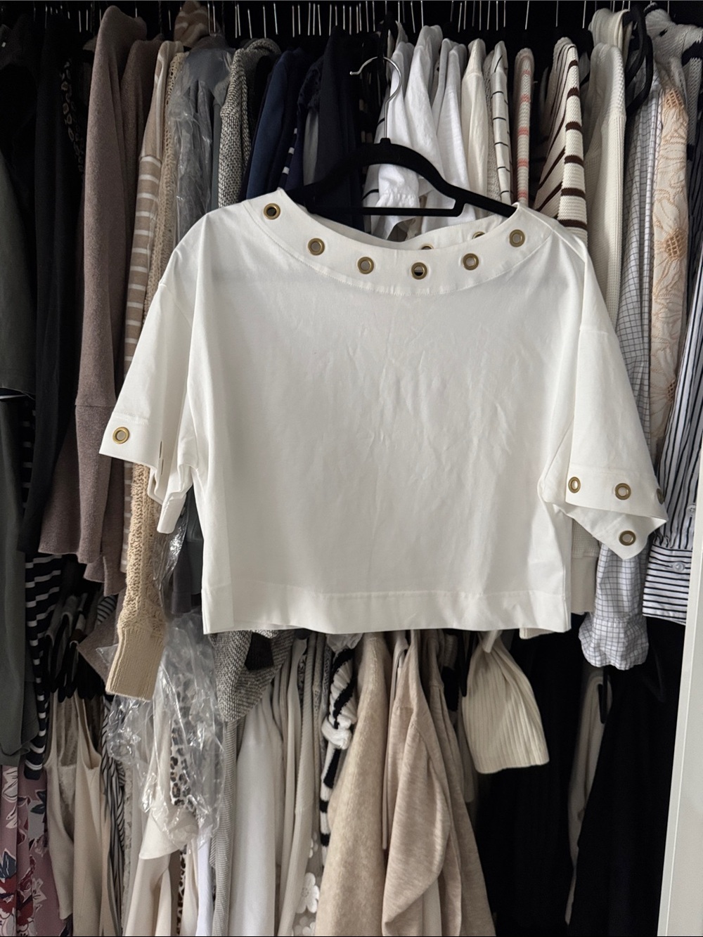 Zimmermann White Cropped Tee with Gold Grommet Trim - Picture 2 of 5